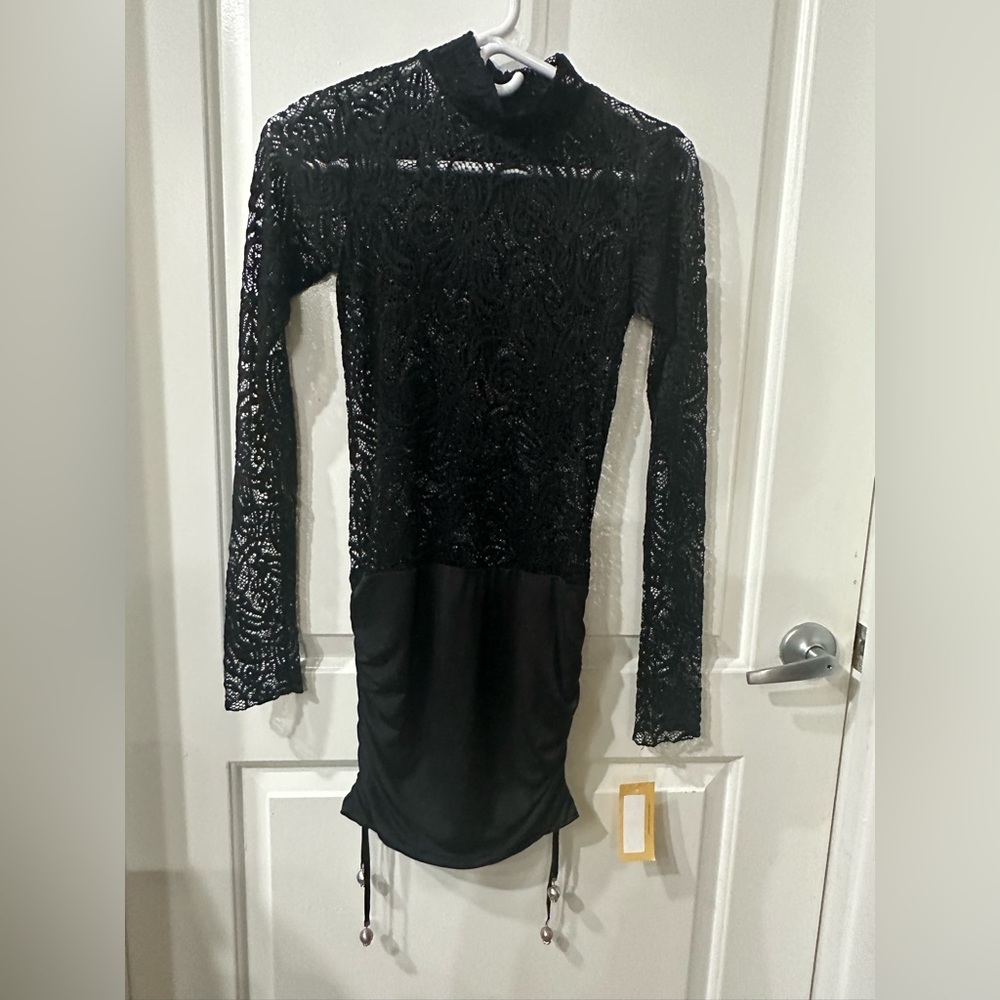 NWT Savee Black mini dress with long sleeve lace upper part & solid black bottom